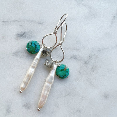 Statement earrings with white pearl, turquoise and labradorite