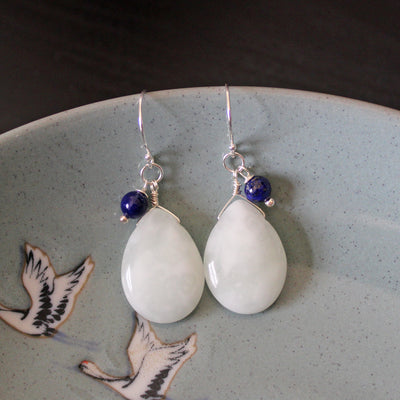 White jade and lapis lazuli semiprecious stone earrings