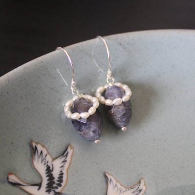Handmade iolite and pearl semiprecious gemstone earrings