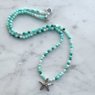 Amazonite and turquoise necklace with sterling silver starfish